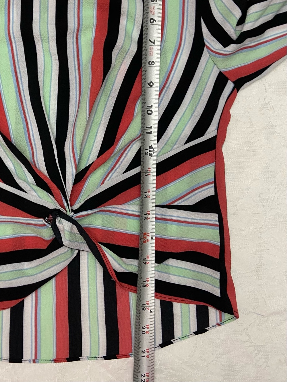 Bar III Striped Twist-Front Blouse - Black, Red & Mint Green Bell Sleeve - Picture 7 of 8